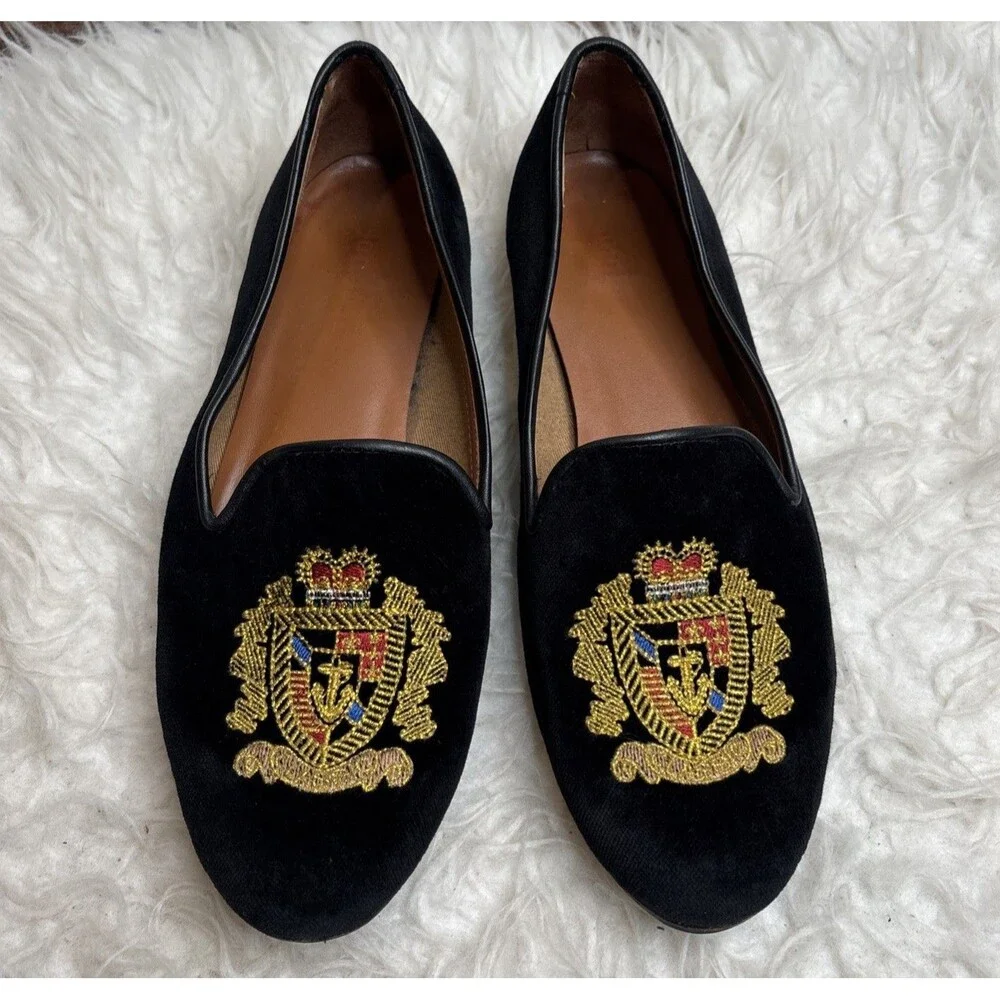 Jon Josef Black Velvet Gatsby Shield Emblem Leather Loafers Flats Shoes Size 7.5 - Picture 1 of 16